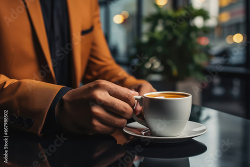 Businessman holding a cup of coffee in office background, Generative AI.