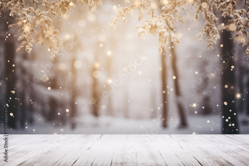 Empty brown wooden table and snow blur background, Christmas and New year concept, Generative AI. © Tiwaporn Khemwatchar