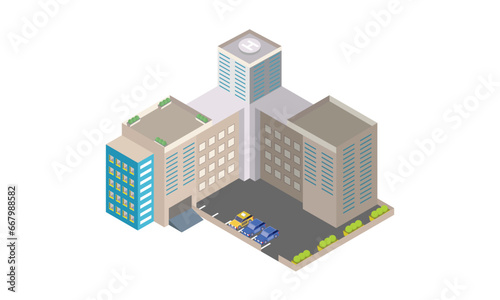 Isometric hotel, apartment, school, or skyscraper building.on white background.3D design.isometric vector design Illustration.