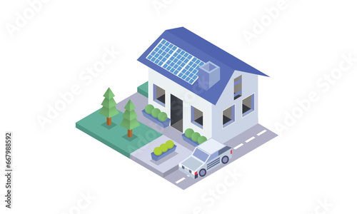 Solar powered house.on white background.3D design.isometric vector design Illustration.