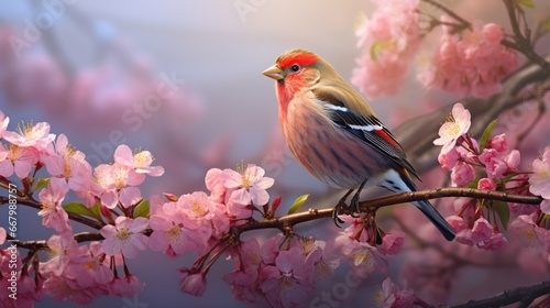 A tiny finch perched on a blooming flower, capturing the essence of spring. © baloch