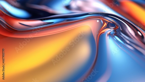 The close up of a glossy liquid surface abstract in red, yellow, and blue colors with a soft focus. 3D illustration of exuberant. generative AI