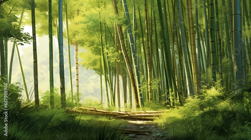 A tranquil bamboo grove  the slender stalks swaying gently in the breeze.
