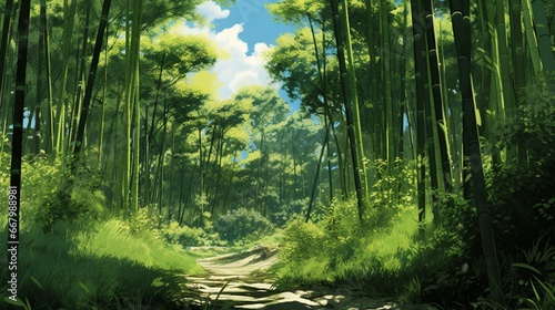 A tranquil bamboo grove  the slender stalks swaying gently in the breeze.