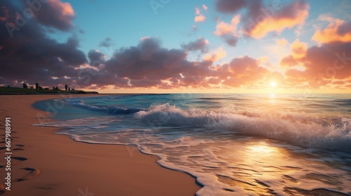 A tranquil beach at sunrise  with the gentle waves kissing the shoreline.