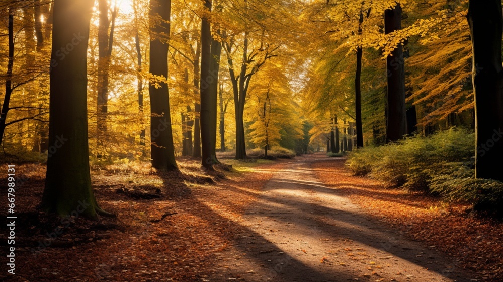 A tranquil forest path, sunlight filtering through the dense canopy of autumn leaves.