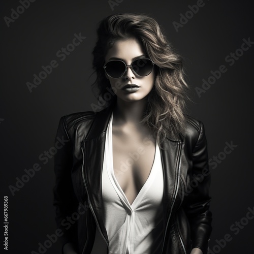 Beautiful sexy woman in black clothes and sunglasses on a dark background