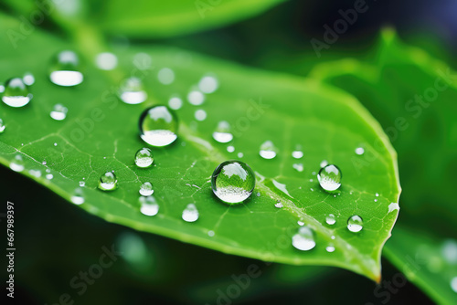 Water droplets on green leaf, Generative AI.
