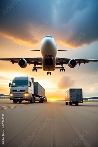 An airplane is flying past, a truck is driving on the road.