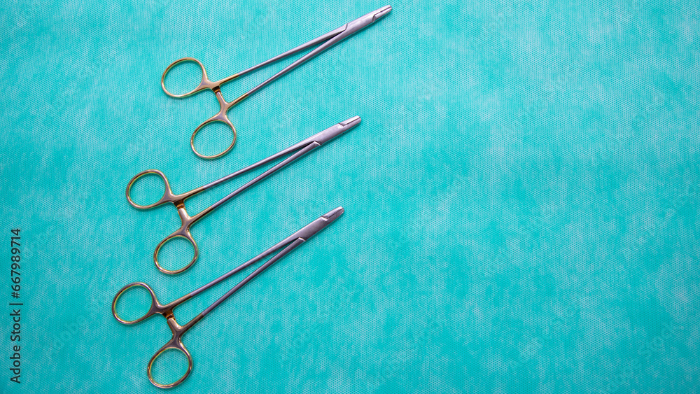 Fototapeta premium Flat lay of Halsey Needle Holder medical instruments. Medical Surgical Instrument. Equipment used in surgery.