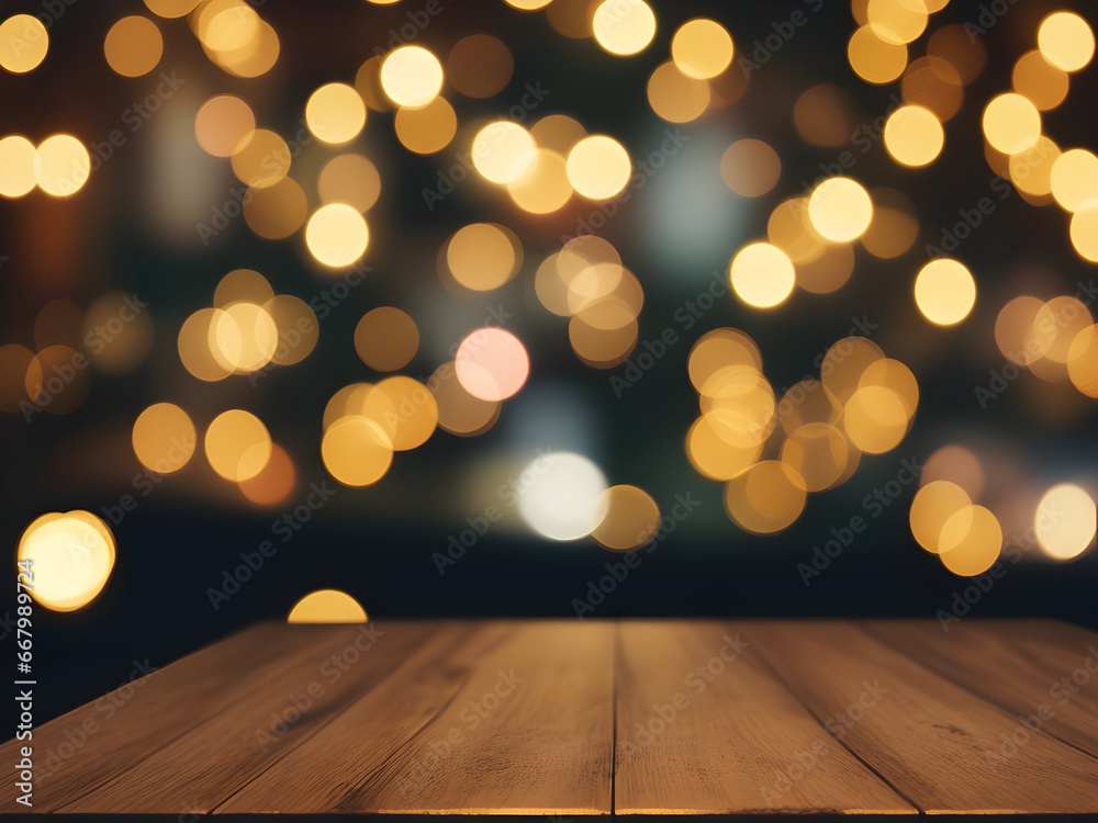Empty wooden table top with defocused bokeh Christmas Fair lights background. Template for product display. Design ai