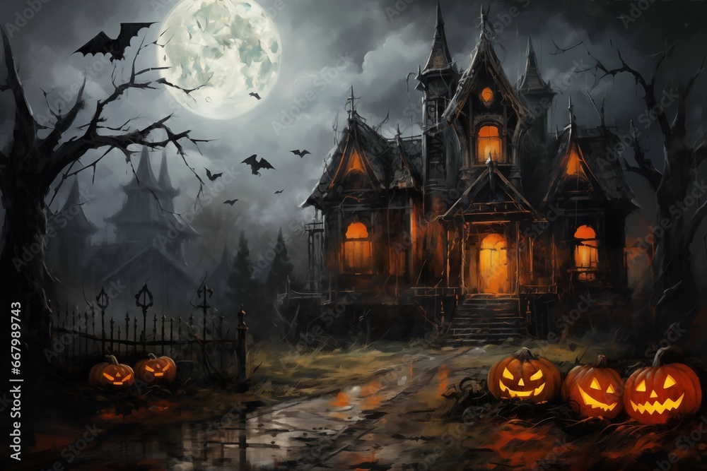 Masterful impressionist digital oil painting of a haunted Halloween mansion with creepy pumpkins, reflective stone paths under a full moon - obrazy, fototapety, plakaty 