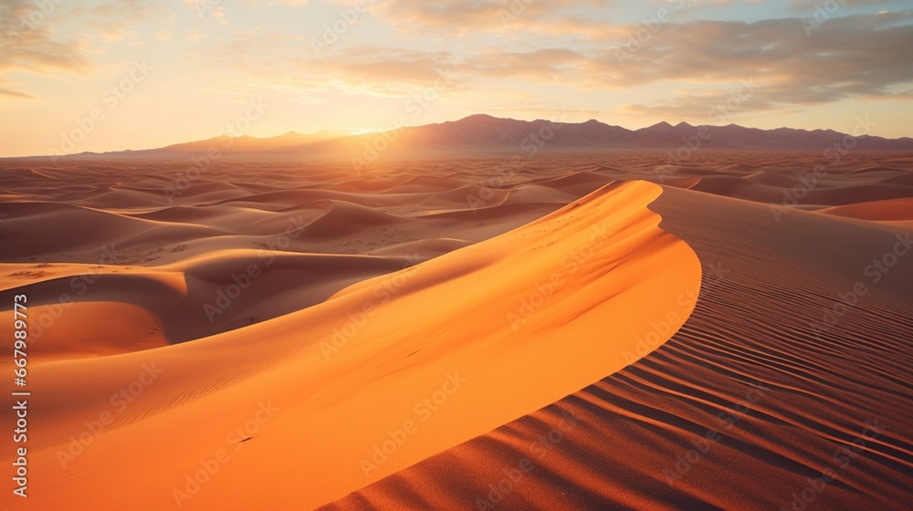 A vast desert landscape with sand dunes casting long shadows under a setting sun.
