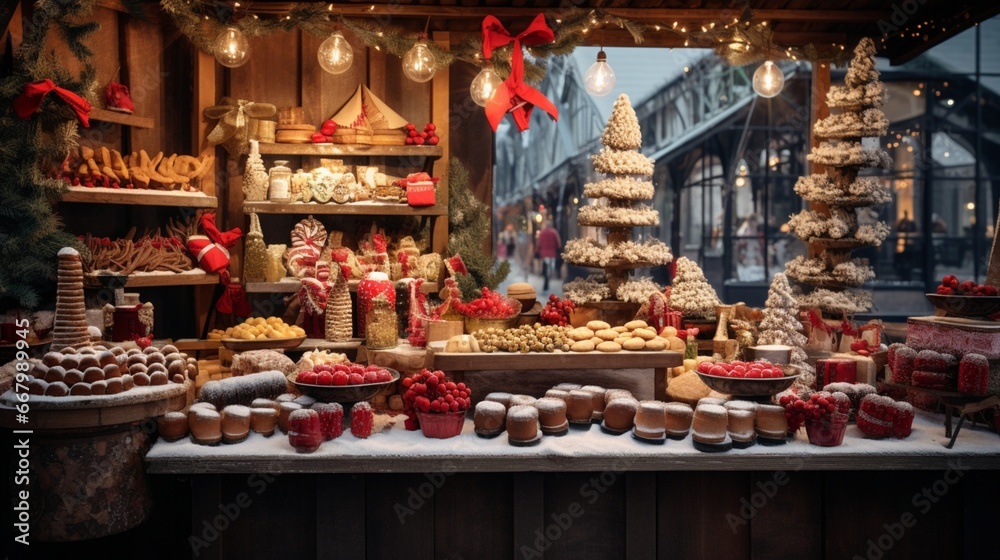 A vibrant Christmas market stall, filled with handcrafted ornaments and festive treats.