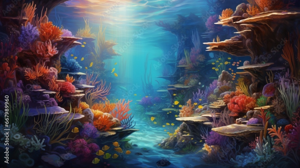 A vibrant coral reef teeming with life, illuminated by the clear, azure waters of the ocean.