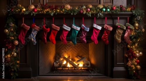 A vibrant Christmas garland draped over a fireplace mantel, stockings hanging below. © baloch