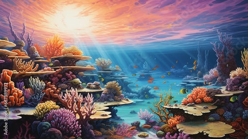 A vibrant coral reef teeming with life, illuminated by the clear, azure waters of the ocean. © baloch