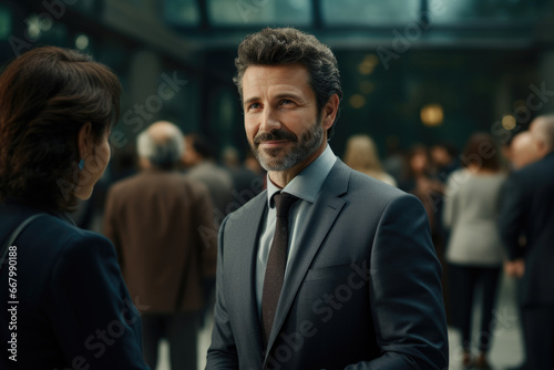 Man dressed in suit engages in conversation with woman amidst bustling crowd. This image can be used to depict networking, business meetings, or social interactions in lively environment.