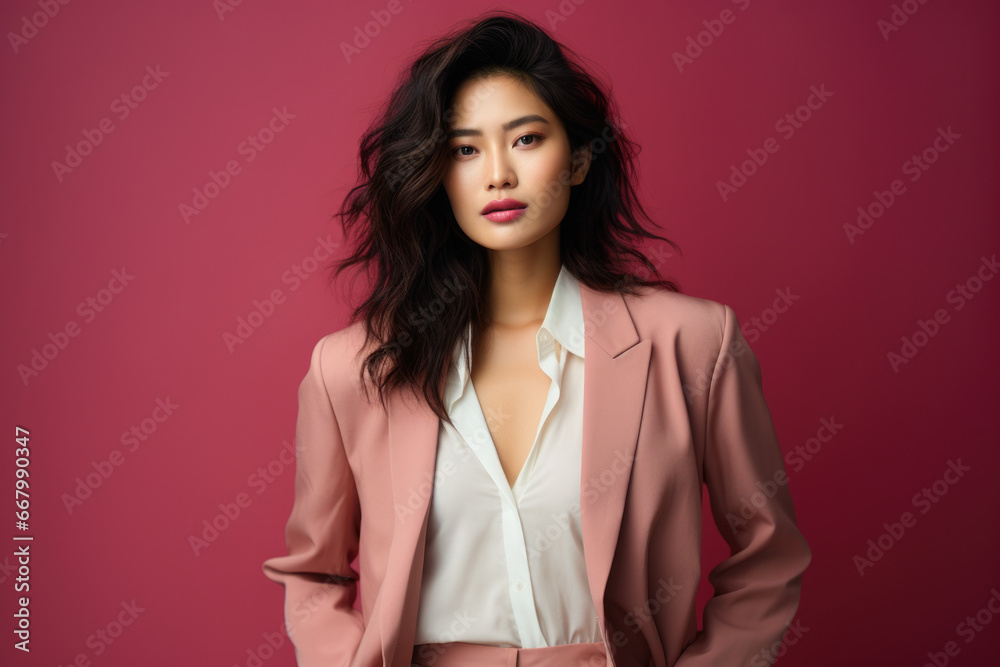 Woman in pink suit posing for picture. Suitable for professional and corporate themes. Woman in pink suit posing for picture. Suitable for professional and corporate themes.