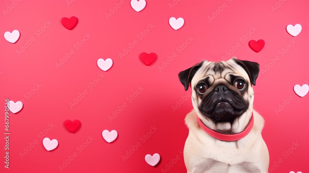 Valentine day dog on flat pink background. Pet shop banner template with copy space.