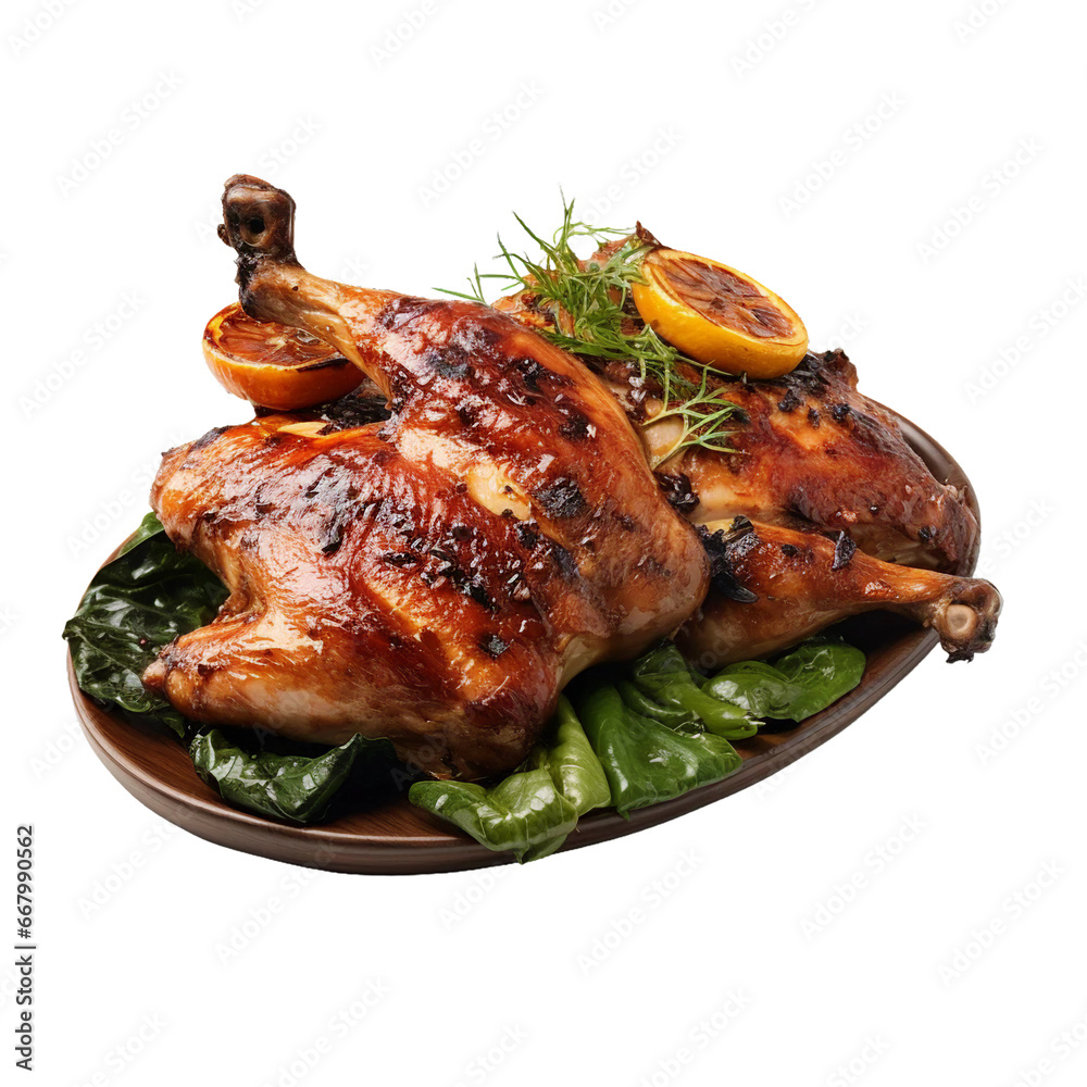 Gai Yang (grilled chicken), transparent background, isolated image, generative AI
Gai Yang (grilled chicken), transparent background, isolated image, generative AI