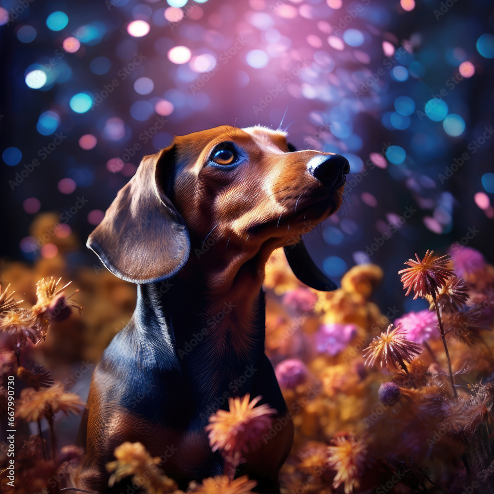 Dachshund dog in a magical forest under the rays of sunshine