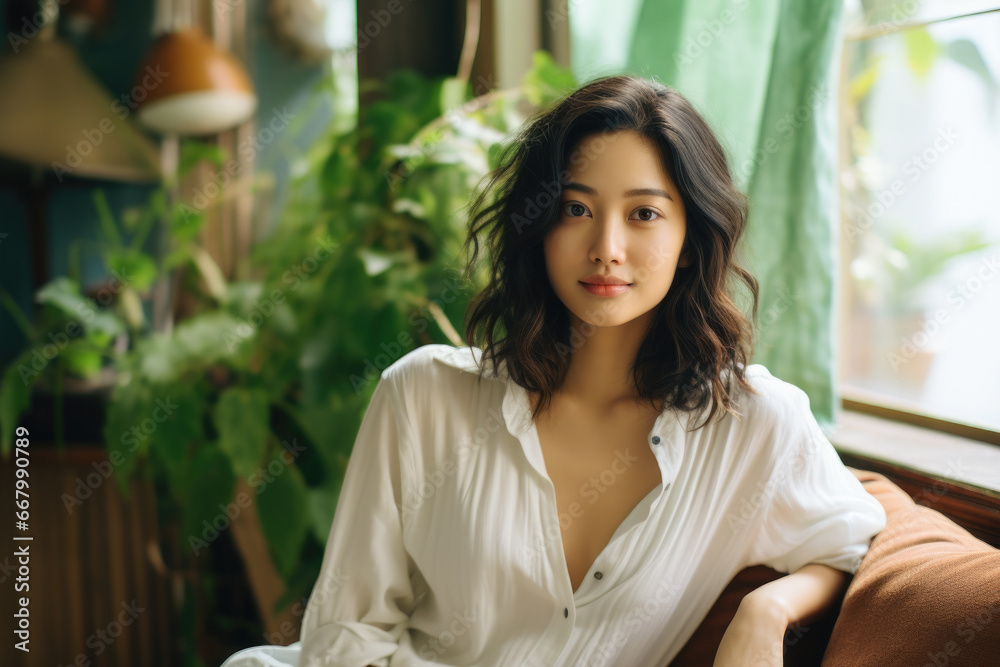Woman is seen sitting on top of couch next to window. This image can be used to depict relaxation, contemplation, or enjoying view. Woman is seen sitting on top of couch next to window. This image can be used to depict relaxation, contemplation, or enjoying view.
