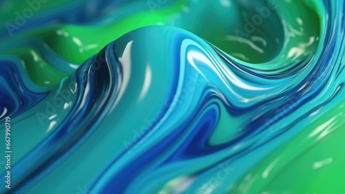 The close up of a glossy liquid surface abstract in cool blue and green colors with a soft focus. 3D illustration of exuberant. generative AI