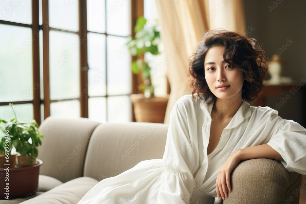 Woman is pictured sitting on couch wearing robe. This image can be used to depict relaxation, comfort, or cozy home setting. Woman is pictured sitting on couch wearing robe. This image can be used to depict relaxation, comfort, or cozy home setting.