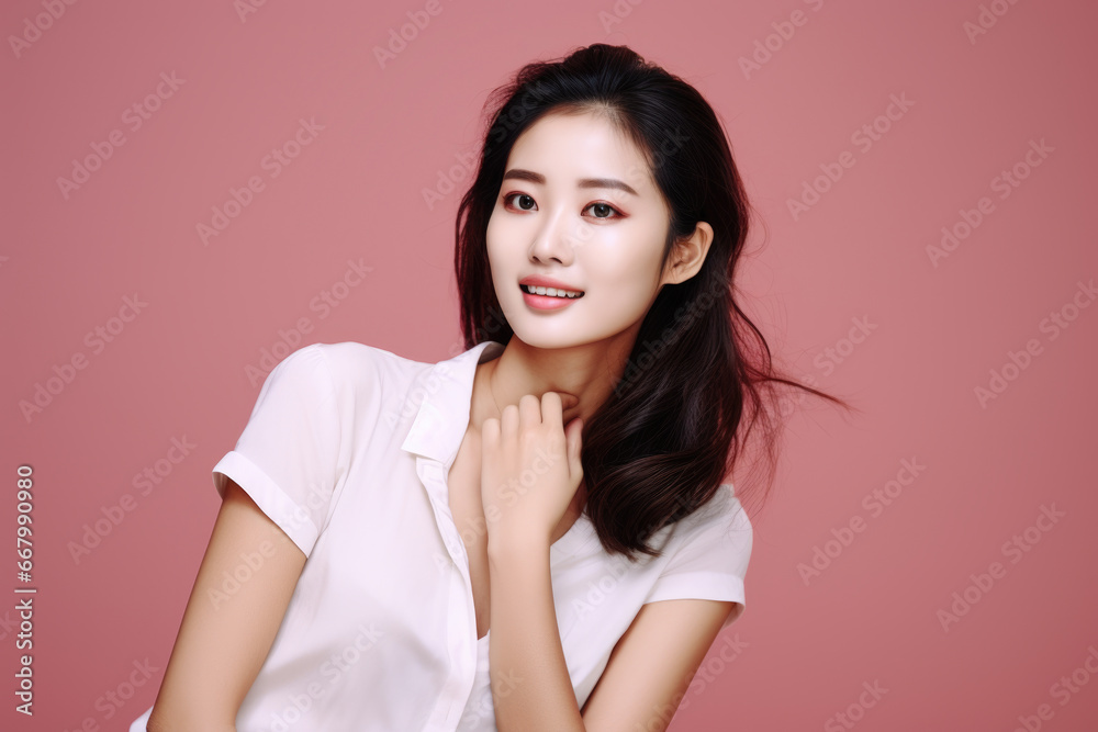 Woman wearing white shirt striking pose for photograph. This image can be used for various purposes, such as advertising, social media, or website content. Woman wearing white shirt striking pose for photograph. This image can be used for various purposes, such as advertising, social media, or website content.