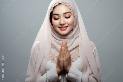Woman wearing white hijab is captured in moment of prayer. This image can be used to depict spirituality  faith  and religious practices.