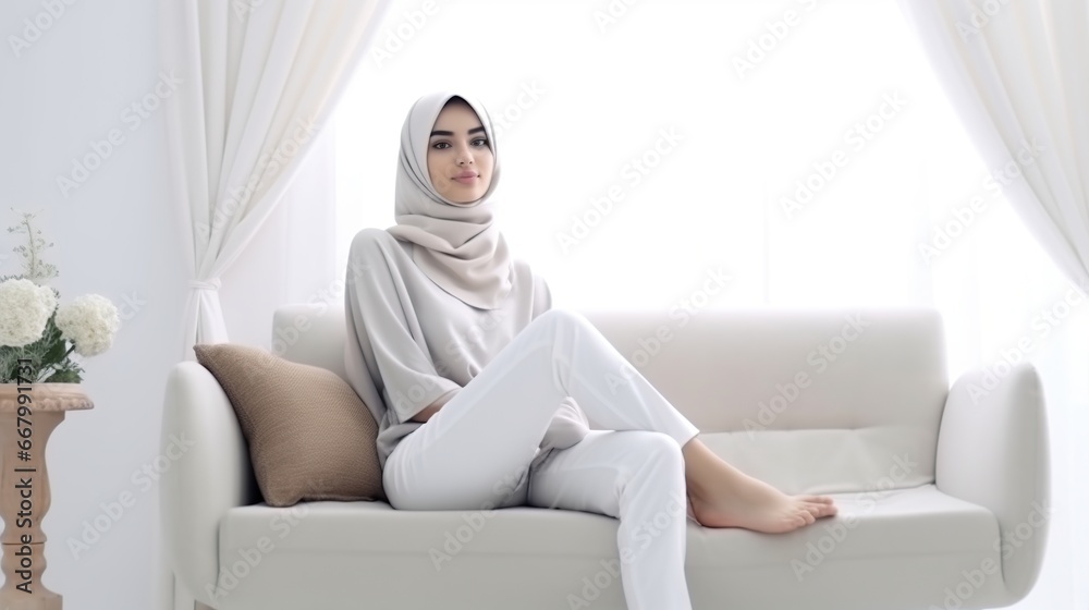 Muslim woman is relaxing sitting on the sofa Muslim woman is relaxing sitting on the sofa