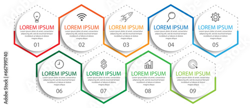 Business Infographic Template Design. Time line minimal concept with 9 options steps and marketing icons. Vector linear infographic with nine connected elements. Can be used for your business gifts