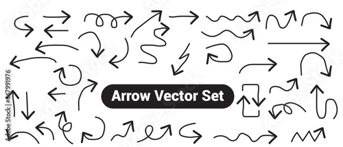 Hand drawn arrow set, collection of black direction pencil sketch symbols, vector illustration graphic design elements