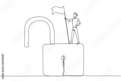 Single continuous line drawing young businessman standing on giant open padlock holding flag. Successful businessman find loopholes in a web to hack it. Vulnerable security. One line design vector