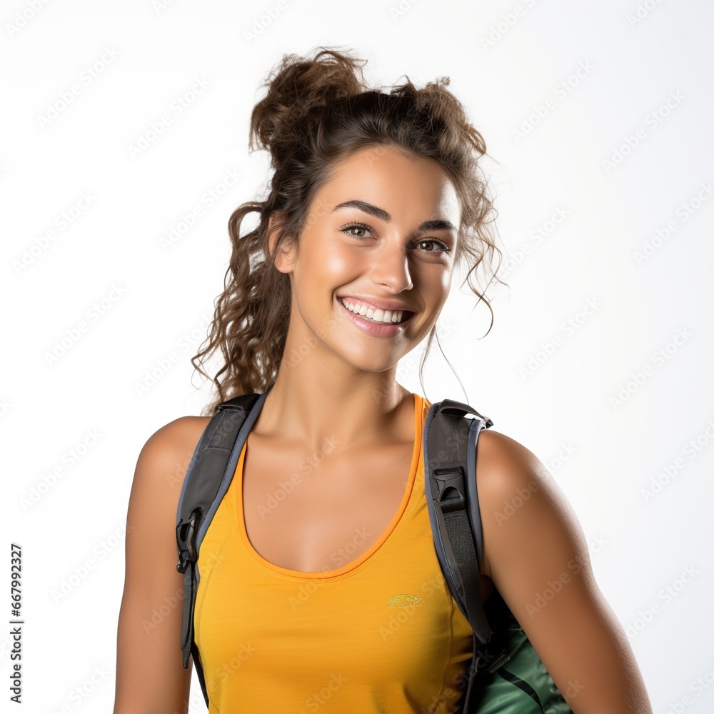 Beautiful blonde girl with wavy hair holding bag while smiling Beautiful blonde girl with wavy hair holding bag while smiling