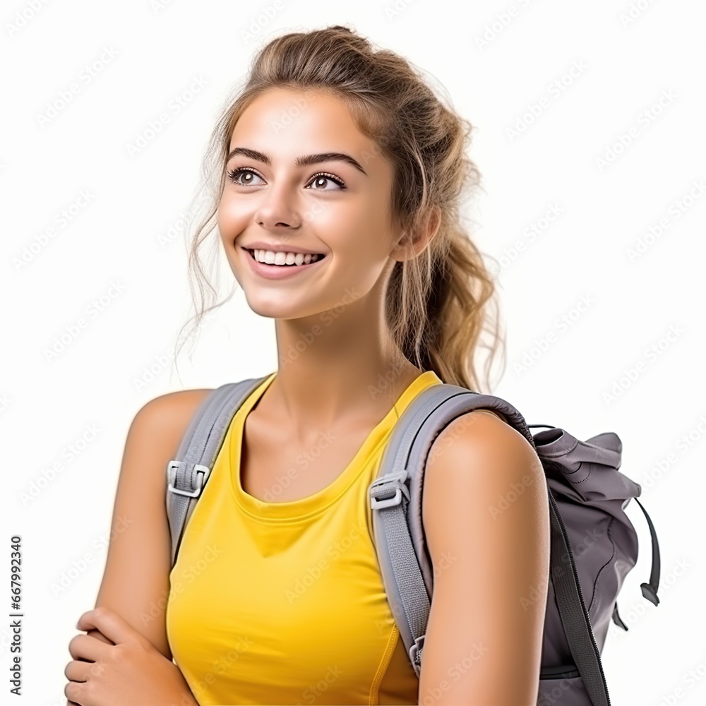 Beautiful blonde girl with wavy hair holding bag while smiling Beautiful blonde girl with wavy hair holding bag while smiling