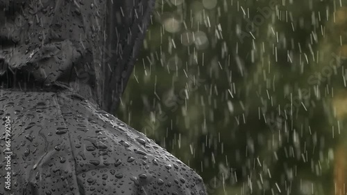 Closeup unrecognizable person in heavy rain, young man in water proof black coat photo