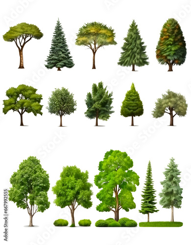 Set of green trees isolated on transparent background