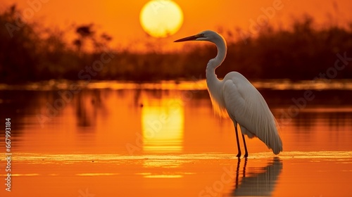 An egret  its elegant form silhouetted against the backdrop of a setting sun.