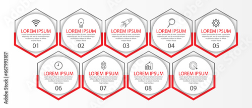 Business Infographic Template Design. Time line minimal concept with 9 options steps and marketing icons. Vector linear infographic with nine connected elements. Can be used for your business gifts