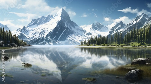 An expansive view of a pristine lake, mirror-like reflections of snow-capped mountains.