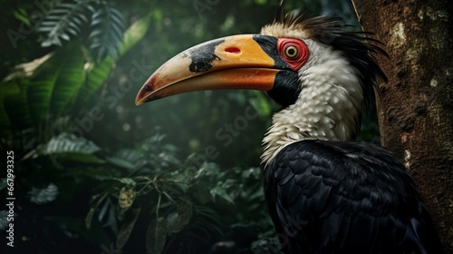 An inquisitive hornbill with its distinctive beak, peering from the hollow of a tree. © baloch