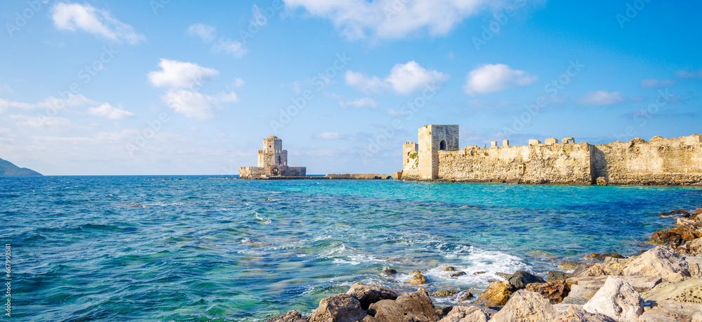 panoramic view of The Bourtzi tower in Methoni Venetian Fortress in Peloponnese