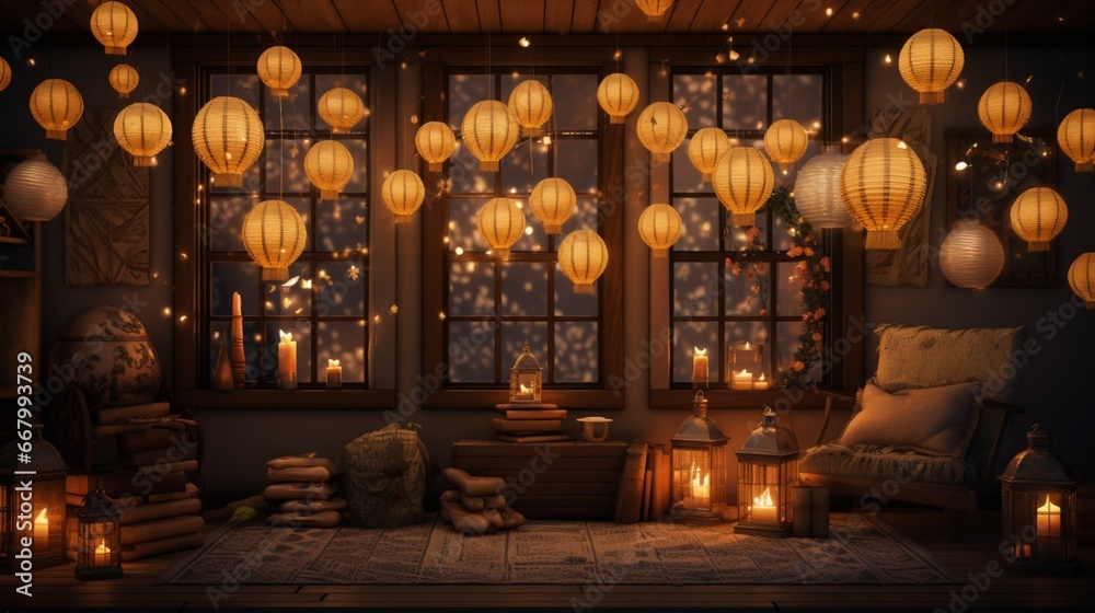 Classic paper lanterns illuminating a cozy room filled with Christmas decor. - obrazy, fototapety, plakaty 