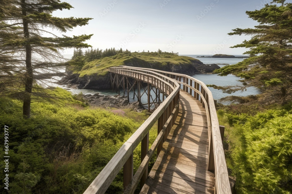 A scenic coastal trail with a beautiful bridge, curving along the coast and providing breathtaking ocean and island vistas. Generative AI