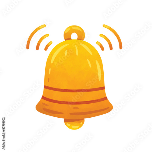 Cute notification bell icon vector illustration, yellow ringing bell symbol, gold color on white background