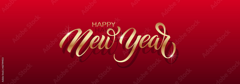 Naklejka premium Happy New Year hand lettering calligraphy. Vector holiday illustration element. Typographic element