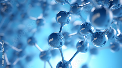 3D illustration of interconnected hydrogen molecules, showcasing the atomic structure and chemical bonds in a blue hue.