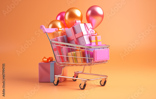 shopping cart with gift boxs and balloons for event